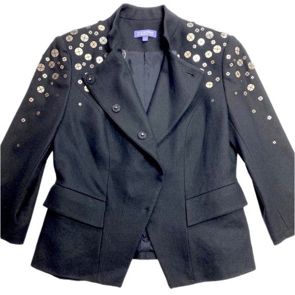 VIVIENNE Tam Sequin Wool Blend Quarter Sleeve Blazer Jacket in Black - Picture 8 of 9